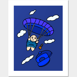 Cartoon boy with blue parachute Posters and Art